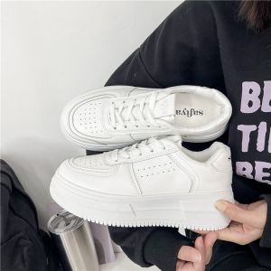 COD厚底小白鞋女2024春夏韩版纯色学生运动单鞋增高系带休闲松糕板鞋Model baru dengan penghantaran bebas