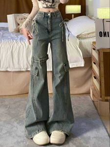 Retro American Splicing Belted Flared Jeans Womens Slimming Long Pants High Waist Denim Blue Color Spring Autumn Season