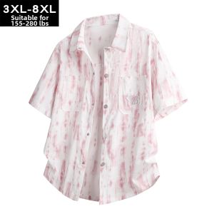 BINHANG | Plus Size Loose Breeze Pink Tie-Dye Short Sleeve Shirt