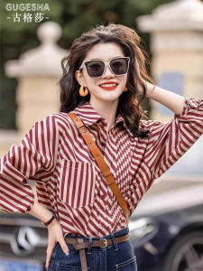 Retro American Design Red Striped Long Sleeve Womens Shirt Versatile Slimming Fashionable New Autumn Style Polo Collar Button up