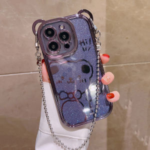 CrashStar Glitter Cute Bear Plating Soft Shockproof Phone Case With Metal Chain Lanyard For iPhone 15 14 13 12 11 Pro Max XS XR X 8 + 7 Plus Cartoon Cute Silicone Phone Casing Cover With Full Cover Lens Camera Protection Hot Sale