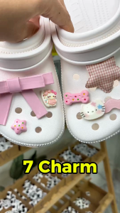 Bộ 7 CHARM STICKER - Nơ Hồng - Phụ kiện nhựa cứng vải mềm gắn lên giày dép sục có lỗ