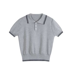 YUEZHONGWEI | Gray Polo Shirt Ice Silk Knitted Short Sleeve Slim Fit Summer Top Korean Style Commute Fashion College Style Womens T-shirt