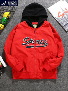 เสื้อแจ็คเก็ตเด็กชาย ทรงหลวม แขนยาว ปกโปโล ฤดูใบไม้ผลิและฤดูใบไม้ร่วง สีแดง สำหรับเด็กผู้ชาย ไซส์ใหญ่ เสื้อคลุมกันหนาวแบบสวมหัว