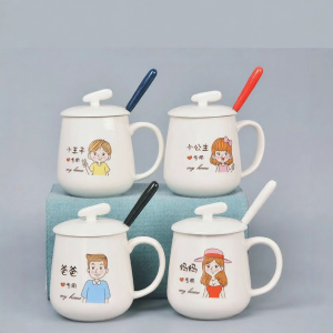 Family Friendly Matching Ceramic Mugs with Lids and Spoons
