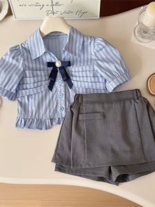Girls School Uniform Set Summer New Style Childrens Short Sleeve Shirt Half Skirt Two Piece Set Trendy Cotton Polyester Blend