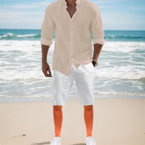 Áo Sơ Mi Nam Tay Dài Phong Cách Bãi Biển Chất Liệu Cotton Linen Pha Màu Trơn Cổ Đứng Đa Năng Mặc Hàng Ngày