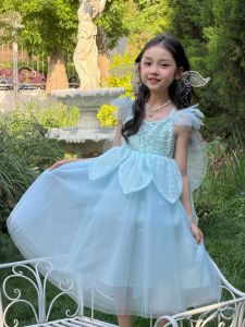 Mermaid Style Blue Puff Sleeve Glitter Net Dress