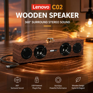 Lenovo | Lenovo C02 USB Speaker Wooden Soundbar 360° Surround Stereo Sound Bar Desktop Computer Speakers Rich Bass Plug & Play Audio for