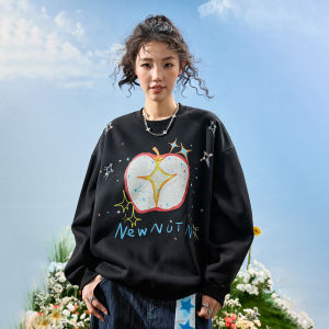 American Vintage Apple Print Rhinestone Round Neck Sweatshirt