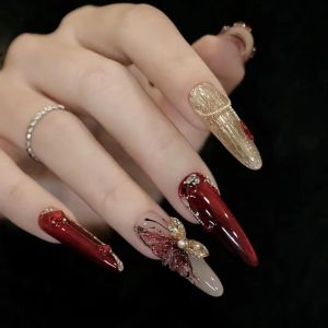 New Year Good Luck Butterfly Dance Nail Wear Ice Transparent Red with Diamond Steel Ball Butterfly Knot Chinese Style Holiday Nails