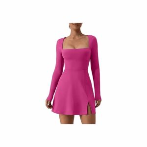 ＜1207＞   hot 2024 European and American Womens Clothing Womens Square Collar Corset Long Sleeve Slit Flared  Dress