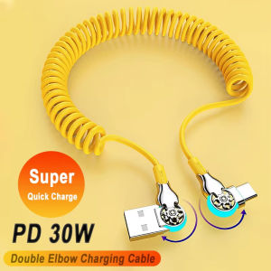 PD65W Fast Charging Car Charger Spring Retractable Cable 180°Elbow Rotation USB A to Type C Cable With indicator Zinc Alloy Braided Data Cable For ios