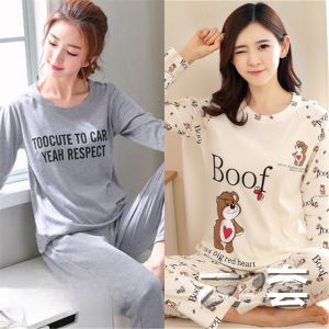 Spring and Autumn Pajamas Female Fall and Winter Pure Cotton Long Sleeve Top Long Pants Minimalist Casual Students Can Outwear Sports Home Wear Suit