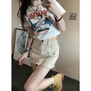 Áo Thun Cotton Ngắn Phong Cách Mỹ Cổ Điển Dành Cho Nữ Mùa Hè Mới Ôm Vừa Vặn Gợi Cảm Cạp Cao in Họa Tiết Hoạt Hình