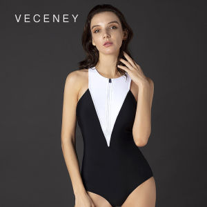 Veceney Black and White Stitching Zipper Fashion Slim Fit Slimming Swimsuit Training Sports Siamese Triangle Swimsuit Womens