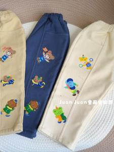 Cute Thickened Embroidered Cartoon One-Piece Fleece Long Pants Stylish Autumn Winter Kids Clothes Boys Girls Warm Trousers