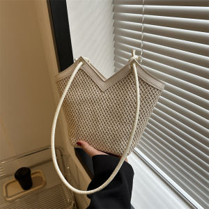 Large Capacity Straw Woven Bag Female 2023 New Korean Style Contrast Color and Versatile Student Class Bag Woven Commuter Tote