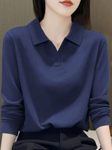 Slimming Effect Loose Fit Long Sleeve Polo Shirt Collared Cotton T-Shirt Womens plus Size Fashionable Spring Autumn Top