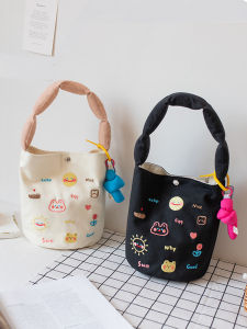 Túi Vải Canvas Đeo Tay Hai Lớp Thêu Túi Đựng Đồ Ăn Trưa Cho Học Sinh Túi Đựng Điện Thoại Di Động Đi Làm Túi Vải Nhỏ Đi Làm