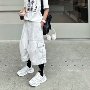 Cgg American Retro Washed Trắng Lớn Túi Ống Rộng 7 Chân Quần Jean Nam Thời Trang Rộng Rãi Trận Đấu Ngắn Quần Cao Vòng Eo Capri