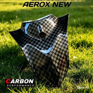 AEROX v2 carbon performance motorcycle fairing with checkered pattern and central mounting point on grass.