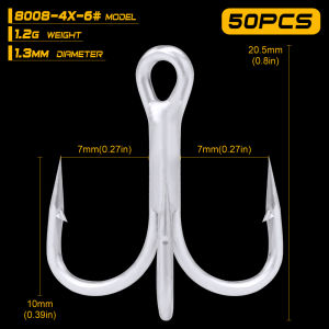 Matte Tin 50pcs/lot Saltwater Fishing Hook 4X High-Carbon Steel Fishhook 4/0#-3/0#-1/0#-1#-2#-4# Treble Hook High Strength Hooks