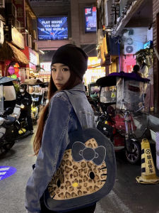 Hellokitty Bag Leopard Print Hello Kitty Tote Bag Denim Canvas KT Shoulder Large Capacity Girls Handbag