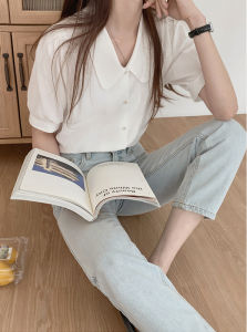 White Short-Sleeved Shirt for Women Work Clothing Interview Summer Small Shirt Doll Collar French Polo Collar Top Clothes Summer