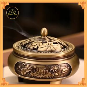 Lư đồng xông trầm - lư đốt trầm lư xông trầm hương trầm nụ nụ trầm hương thay cho thác khói trầm hương đồ thờ cúng phong thủy shop Diệu Tâm mẫu Lư 3 chân khắc sen nhiều size