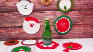 Handmade Woven Santa & Christmas Tree Coasters Tabletop Decor Holiday Gift