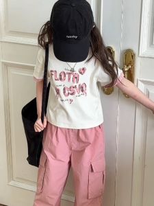 【Sweet Kids】Girls fashion two-piece suit childrens short-sleeved stylish new Korean style pink