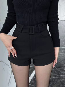 กางเกงขาสั้นสีดำเอวสูงสำหรับผู้หญิง กางเกงขายาวทรงตรงสไตล์เกาหลี กางเกงขายาวลำลองสำหรับใส่ไปทำงาน