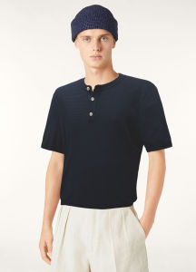 Stylish Summer Mens T-Shirt Lenzing Hemp Knitted Hollow out Henry Collar Short Sleeve Breathable Urban Fashion Standard Fit