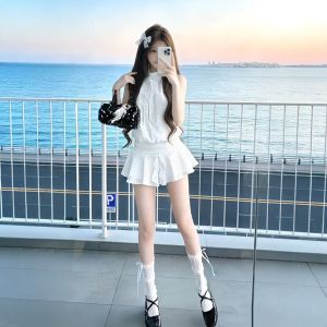 CHANGTONG | Gentle Style Halter Neck Waist-Cinching Short Dress