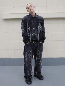 Retro American Tassel Washed Short Mens Denim Jacket And Pants Two-Piece Set Vintage Style Youth Fashion Autumn Outfit