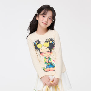 Girls Long Sleeve T-Shirt round Neck Loose Fit Base Layer Shirt Cartoon Print Spring New Style Casual Fashion Korean Version Cotton Polyester