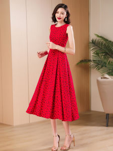 ชุดเดรสยาวปานกลางสีแดงลายจุด แขนกุด กระโปรงทรงเอ ทรงเข้ารูป สำหรับผู้หญิง ชุดทำงานฤดูร้อน 2023 ชุดเดรสยาวคลุมเข่า