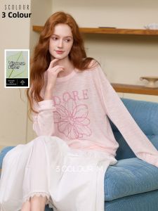 3COLOUR·S | Summer Floral and Letter Embroidered Knit Top Loose Long Sleeve