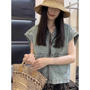 Classy Classic Style Denim Vest Womens Vests Summer New Design Sense Niche Loose Outerwear Short-Sleeved Tops