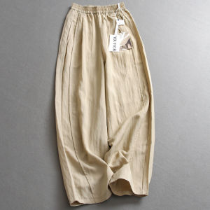 High Waist Wide Leg Pants Loose Fit Mixed Material Thin Breathable Elastic Waist Womens Casual Pants Summer Season Long Trousers