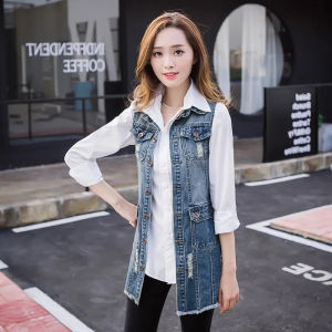 Slim Looking Mid Length Long Length Ripped Denim Vest Womens Spring and Autumn K-style Preppy Style Sleeveless Vest Waistcoat Trench Coat Outwear