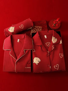 ชุดนอนสีแดงชุดกล่องของขวัญปีนักษัตรหมีพูห์ผ้าฝ้ายแท้ขายาวแขนยาวใส่ช่วงฤดูใบไม้ผลิและฤดูใบไม้ร่วงสำหรับคู่รักใช้ในงานแต่งงาน