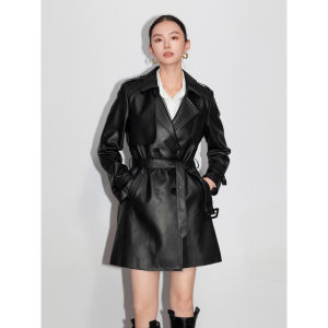 Classic Womens Sheepskin Leather Coat Belted Mid-Length Jacket Street Style Long Sleeve Slim Fit Fashionable Outerwear