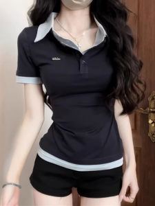 plus Size Cotton Polo Neck Short Sleeve T-Shirt Women Summer Slimming Top Embroidered Contrast Color Fake Two-Piece Design