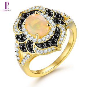 Lohaspie เครื่องประดับ 2.5 กะรัต 925 เงิน หนังแท้ แหวน อัญมณี ขนาดใหญ่ เงินสีเหลือง โอปอล์ธรรมชาติชูบทองดำ แหวนโอปอลอัญมณี ตัดรูปไข่ สปิเนล สำหรับผู้หญิง