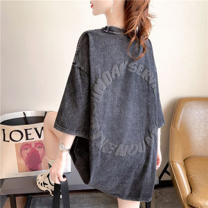 Summer Washed Black Short-Sleeved T-shirt Womens Pure Cotton round Neck Western Style Top Idle Style Mid Length Long Length Bottom Missing Tide