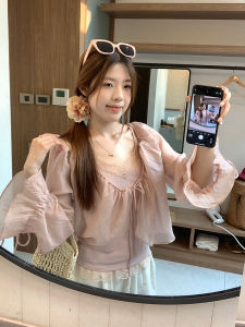 Womens Lace Splice Bubble Sleeve Thin Veil Top with Drawstring Tank Vest Two-Piece Set Gentle Fairy Atmosphere Tencel Material