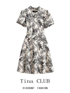 Tina CLUB plus Size Summer Dress Slimming Chinese Style Watercolor Print A-Line Midi Dress Korean Commute Fashion Bubble Sleeve