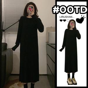 ชุดเดรสยาวสีดำถักสไตล์เกาหลี ฤดูใบไม้ร่วง/ฤดูหนาว เดรสยาวคลุมเข่าผู้หญิง กระโปรงทรงเอ แขนยาว สไตล์เกาหลี